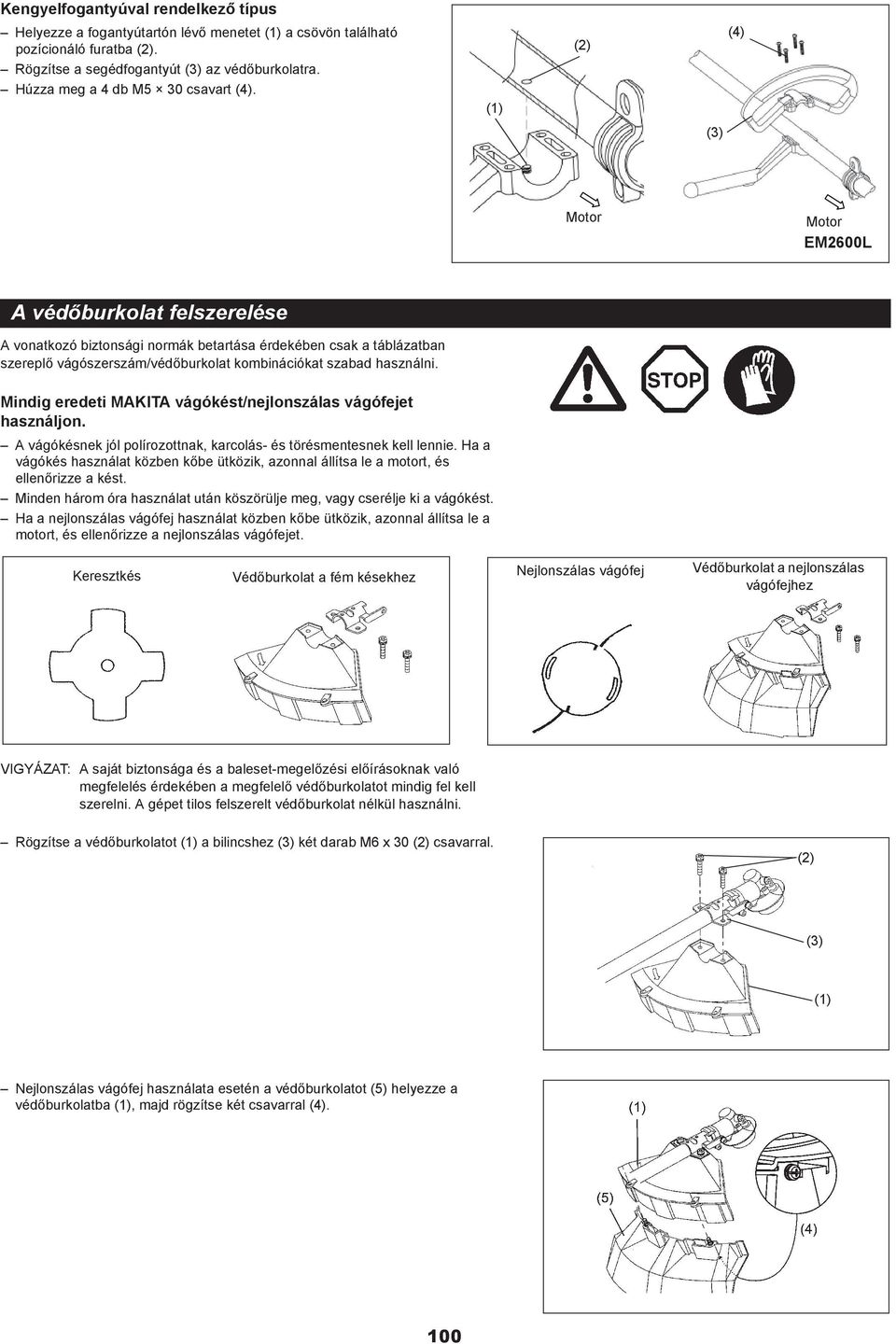 (2) (4) (3) Motor Motor EM2600L A véd burkolat felszerelése A vonatkozó biztonsági normák betartása érdekében csak a táblázatban szerepl vágószerszám/véd burkolat kombinációkat szabad használni.
