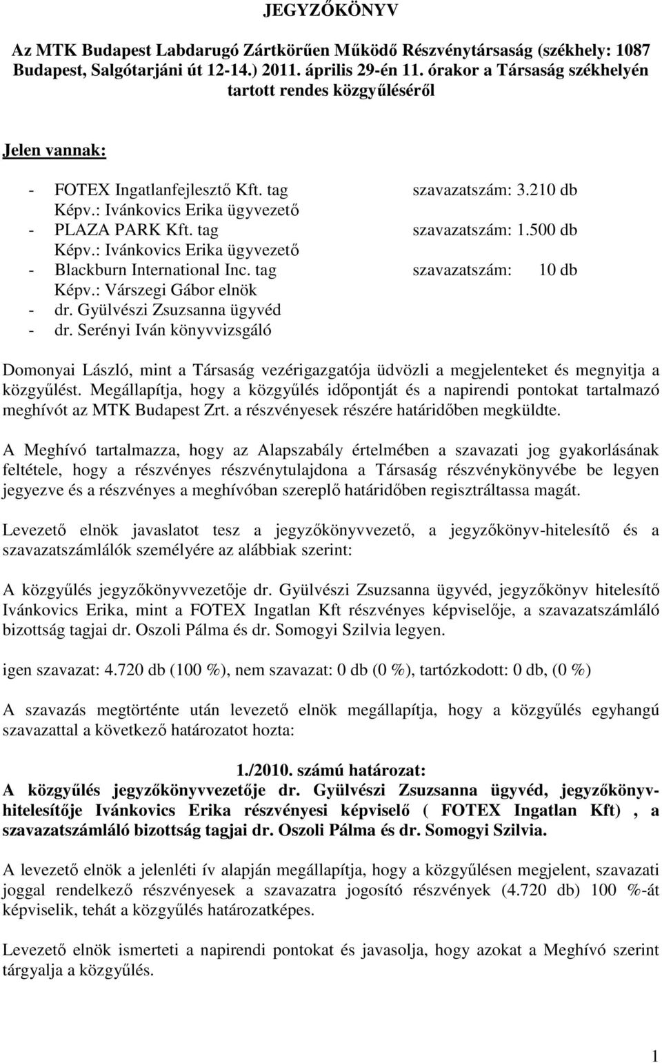 tag szavazatszám: 1.500 db Képv.: Ivánkovics Erika ügyvezető - Blackburn International Inc. tag szavazatszám: 10 db Képv.: Várszegi Gábor elnök - dr. Gyülvészi Zsuzsanna ügyvéd - dr.