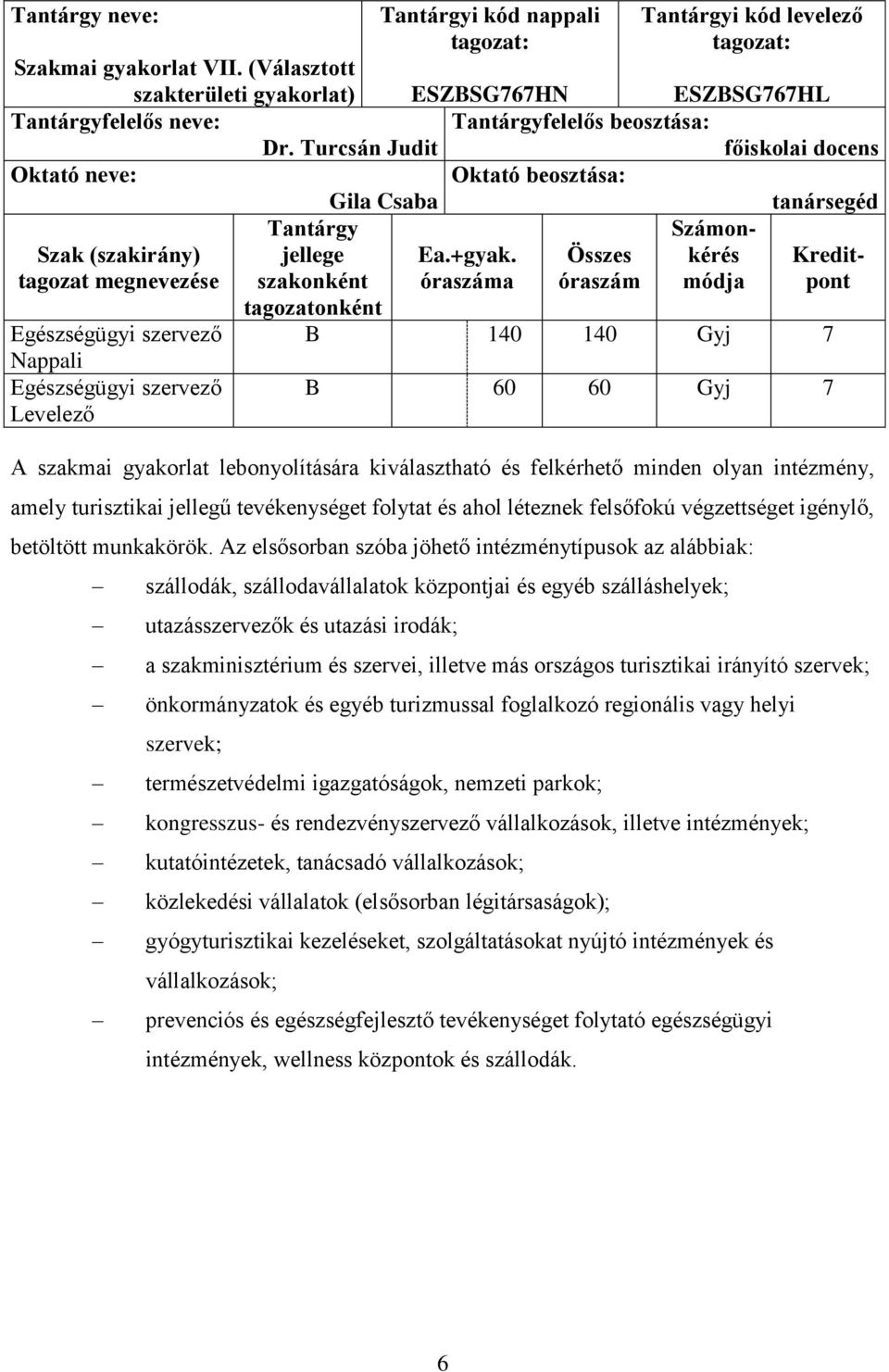 Turcsán Judit főiskolai docens Oktató neve: Oktató beosztása: Gila Csaba tanársegéd Szak (szakirány) tagozat megnevezése Tantárgy jellege szakonként Ea.+gyak.