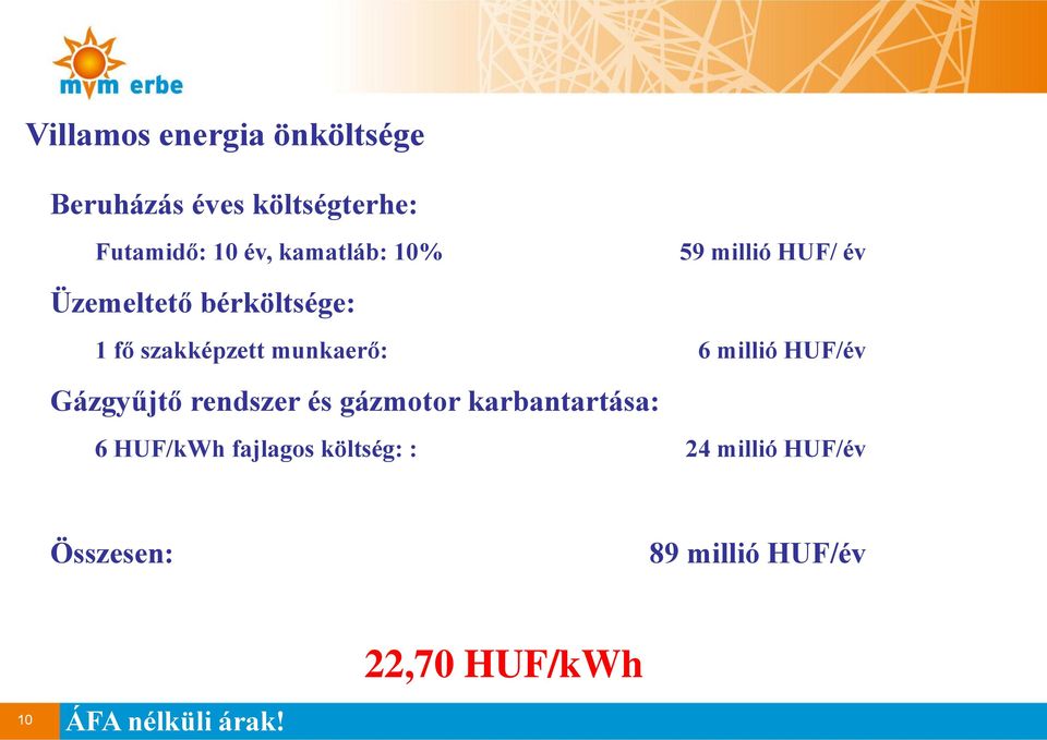 munkaerő: 6 millió HUF/év Gázgyűjtő rendszer és gázmotor karbantartása: 6 HUF/kWh