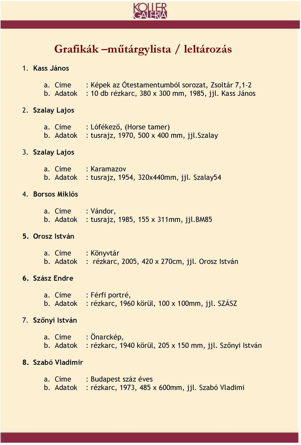 Cime : Vándor, b. Adatok : tusrajz, 1985, 155 x 311mm, jjl.bm85 5. Orosz István a. Cime : Könyvtár b. Adatok : rézkarc, 2005, 420 x 270cm, jjl. Orosz István 6. Szász Endre a. Cime : Férfi portré, b.
