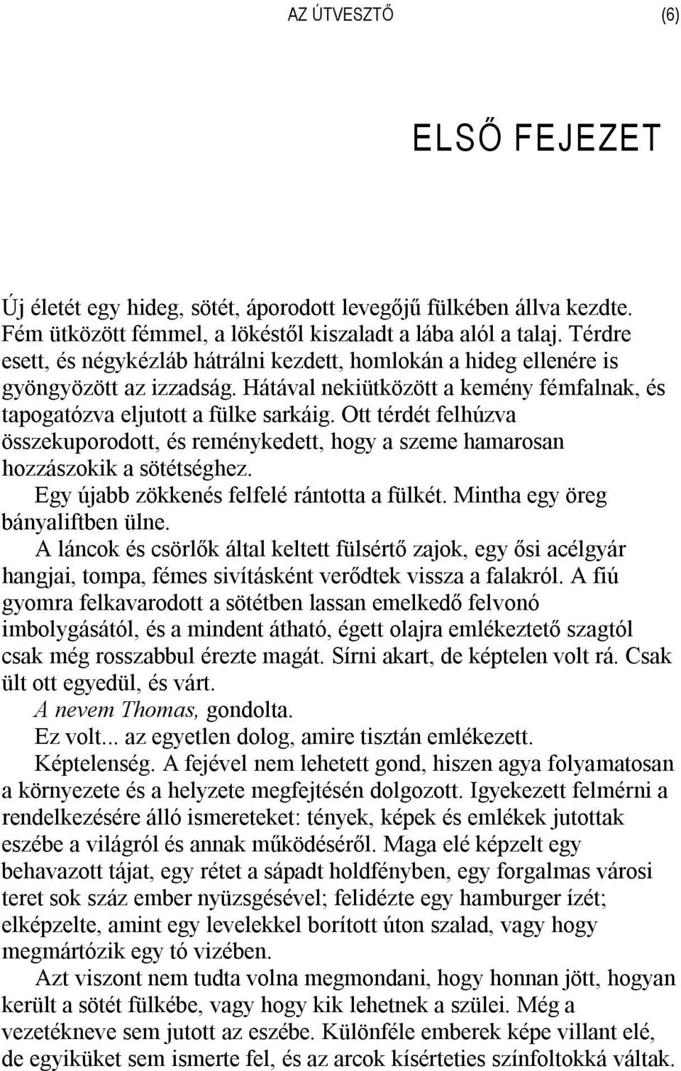 Ott térdét felhúzva összekuporodott, és reménykedett, hogy a szeme hamarosan hozzászokik a sötétséghez. Egy újabb zökkenés felfelé rántotta a fülkét. Mintha egy öreg bányaliftben ülne.