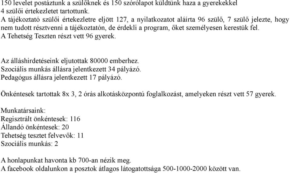 A Tehetség Teszten részt vett 96 gyerek. Az álláshirdetéseink eljutottak 80000 emberhez. Szociális munkás állásra jelentkezett 34 pályázó. Pedagógus állásra jelentkezett 17 pályázó.