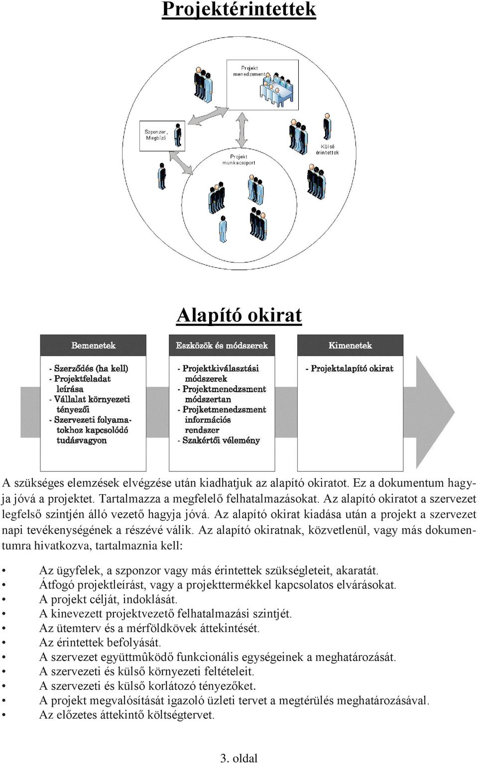 Az alapító okiratnak, közvetlenül, vagy más dokumentumra hivatkozva, tartalmaznia kell: Az ügyfelek, a szponzor vagy más érintettek szükségleteit, akaratát.