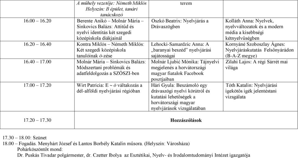 20 Wirt Patrícia: E ~ ö váltakozás a dél-alföldi nyelvjárási régióban terem Oszkó Beatrix: Nyelvjárás a Drávaszögben Lehocki-Samardzic Anna: A baranyai beszéd nyelvjárási sajátosságai Molnár Ljubić