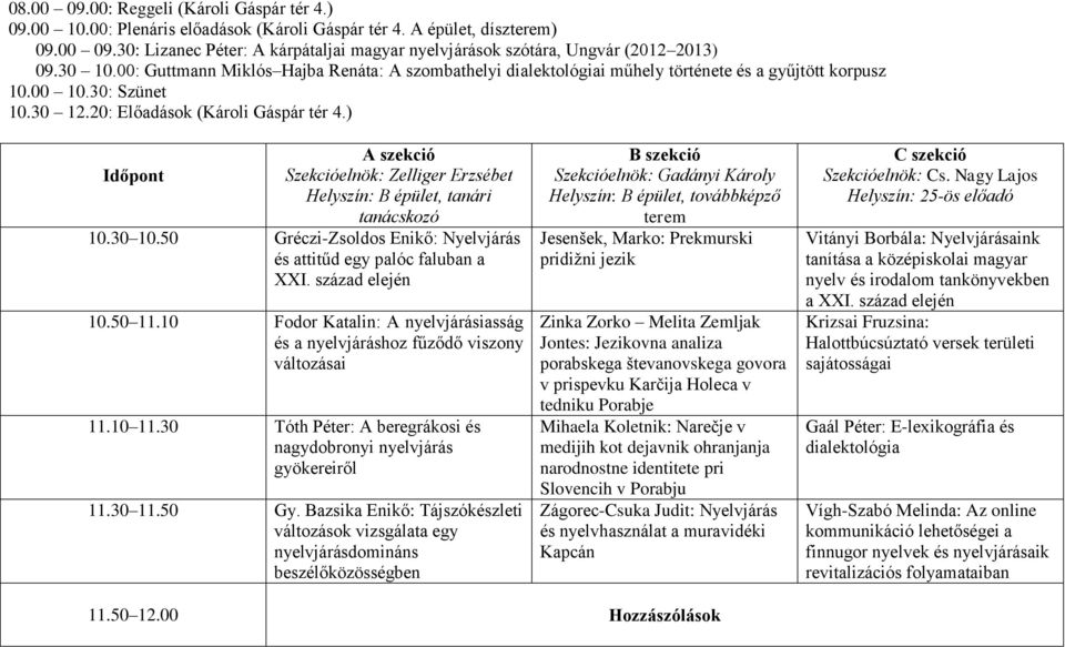 ) A szekció Időpont Szekcióelnök: Zelliger Erzsébet 10.30 10.50 Gréczi-Zsoldos Enikő: Nyelvjárás és attitűd egy palóc faluban a XXI. század elején 10.50 11.