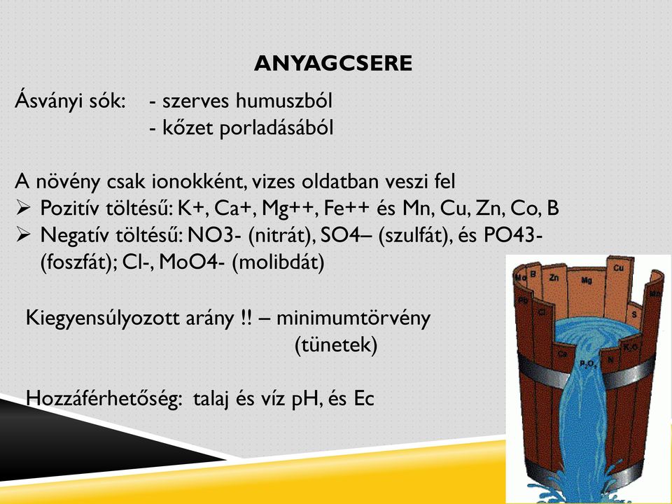 Co, B Negatív töltésű: NO3- (nitrát), SO4 (szulfát), és PO43- (foszfát); Cl-, MoO4-