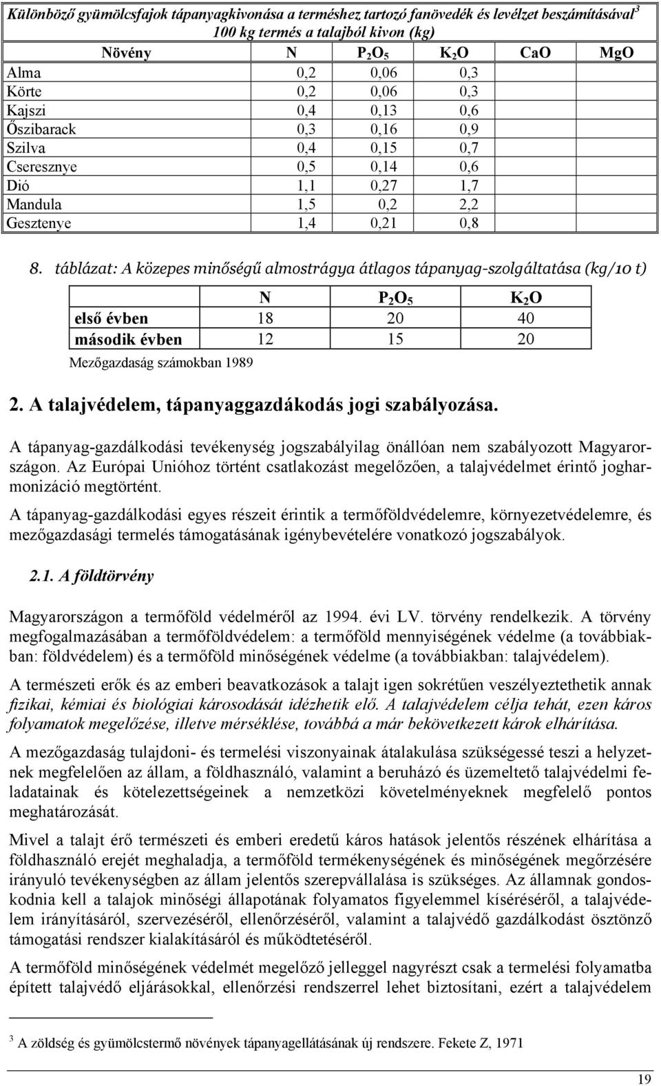 táblázat: A közepes minőségű almostrágya átlagos tápanyag-szolgáltatása (kg/10 t) N P2O5 K2O első évben 18 20 40 második évben 12 15 20 Mezőgazdaság számokban 1989 2.