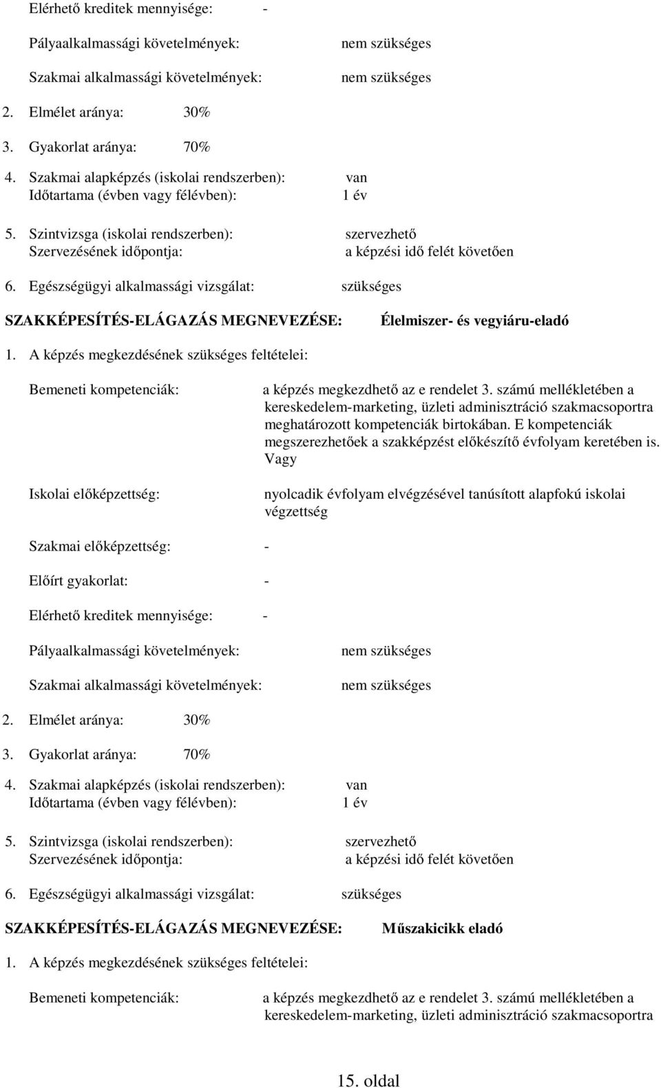 Egészségügyi alkalmassági vizsgálat: szükséges SZAKKÉPESÍTÉS-ELÁGAZÁS MEGNEVEZÉSE: Élelmiszer- és vegyiáru-eladó 1.