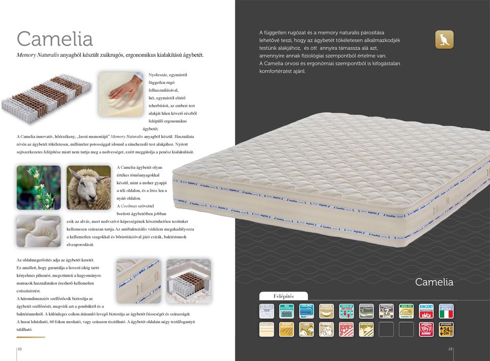 A Camelia innovatív, hőérzékeny, lassú memoriájú Memory Naturalis anyagból készül. Használata révén az ágybetét tökéletesen, milliméter potossággal idomul a ránehezedő test alakjához.