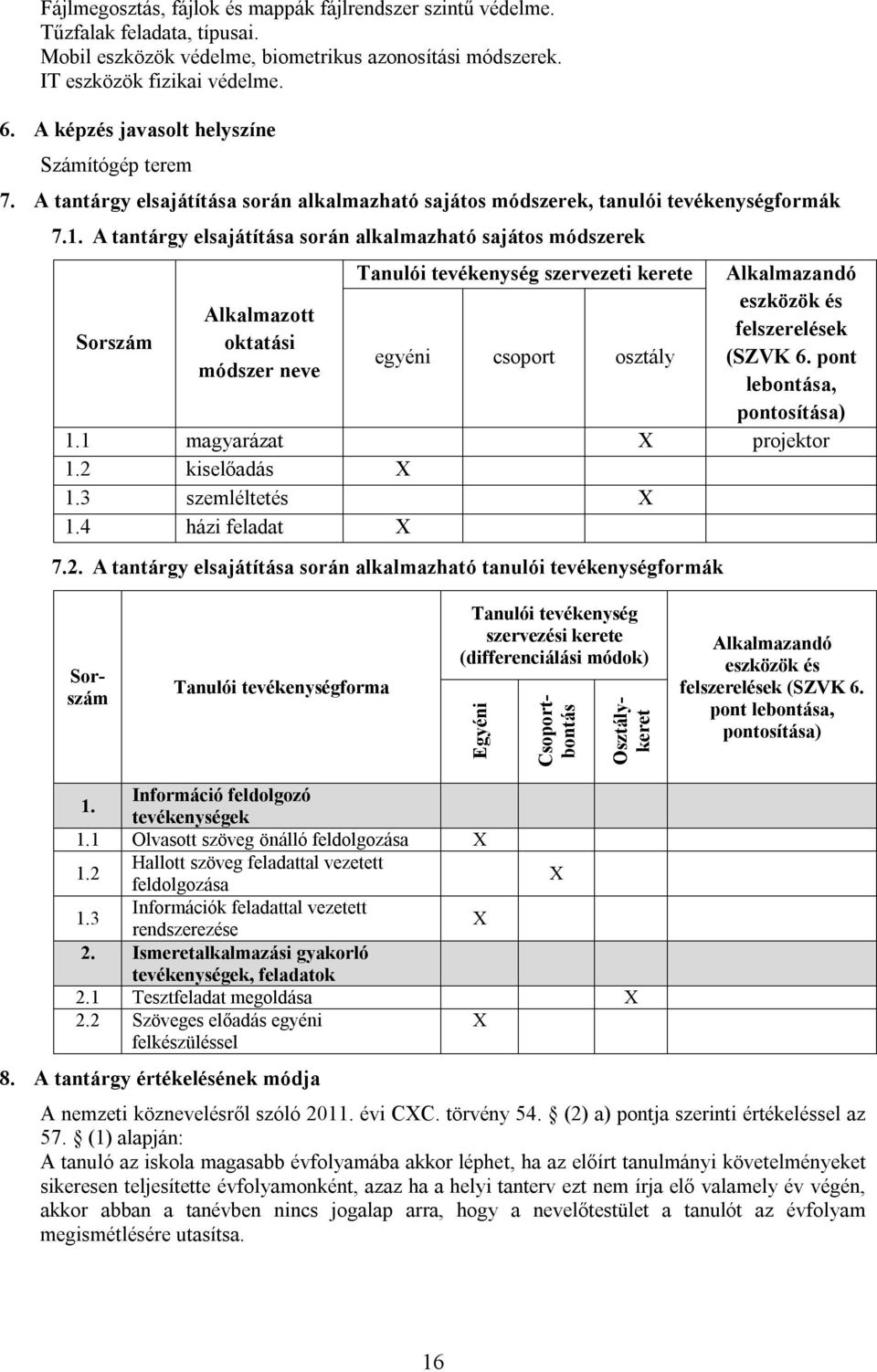 A tantárgy elsajátítása során alkalmazható sajátos módszerek Sorszám Alkalmazott oktatási módszer neve Tanulói tevékenység szervezeti kerete egyéni csoport osztály Alkalmazandó eszközök és