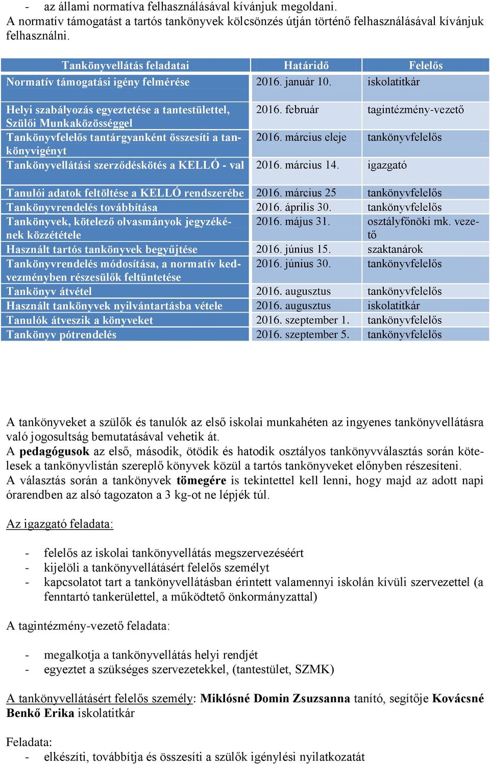 február tagintézmény-vezető Szülői Munkaközösséggel Tankönyvfelelős tantárgyanként összesíti a tankönyvigényt 2016. március eleje tankönyvfelelős Tankönyvellátási szerződéskötés a KELLÓ - val 2016.