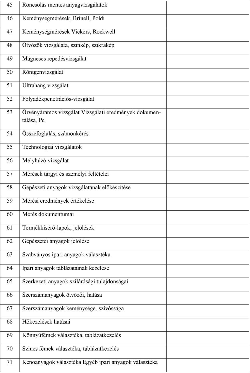 Mélyhúzó vizsgálat 57 Mérések tárgyi és személyi feltételei 58 Gépészeti anyagok vizsgálatának előkészítése 59 Mérési eredmények értékelése 60 Mérés dokumentumai 61 Termékkísérő-lapok, jelölések 62