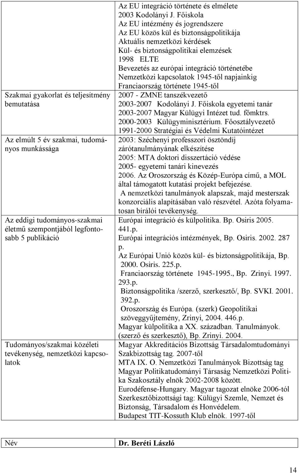 Főiskola Az EU intézmény és jogrendszere Az EU közös kül és biztonságpolitikája Aktuális nemzetközi kérdések Kül- és biztonságpolitikai elemzések 1998 ELTE Bevezetés az európai integráció történetébe