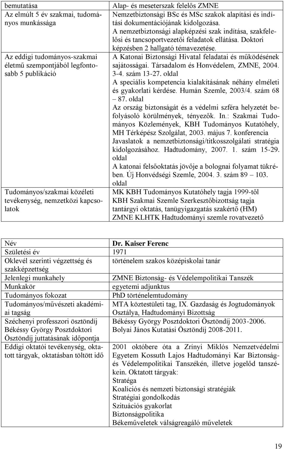A nemzetbiztonsági alapképzési szak indítása, szakfelelősi és tancsoportvezetői feladatok ellátása. Doktori képzésben 2 hallgató témavezetése.