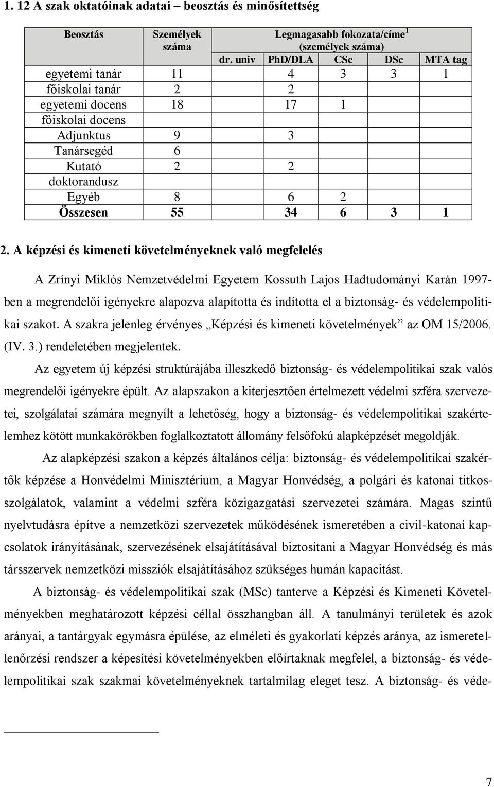 A képzési és kimeneti követelményeknek való megfelelés A Zrínyi Miklós Nemzetvédelmi Egyetem Kossuth Lajos Hadtudományi Karán 1997- ben a megrendelői igényekre alapozva alapította és indította el a