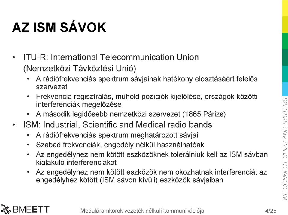 radio bands A rádiófrekvenciás spektrum meghatározott sávjai Szabad frekvenciák, engedély nélkül használhatóak Az engedélyhez nem kötött eszközöknek tolerálniuk kell az ISM sávban