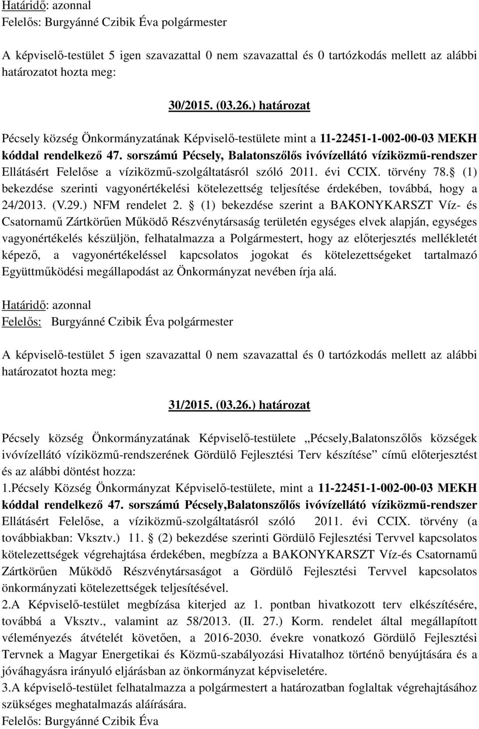 sorszámú Pécsely, Balatonszőlős ivóvízellátó víziközmű-rendszer Ellátásért Felelőse a víziközmű-szolgáltatásról szóló 2011. évi CCIX. törvény 78.