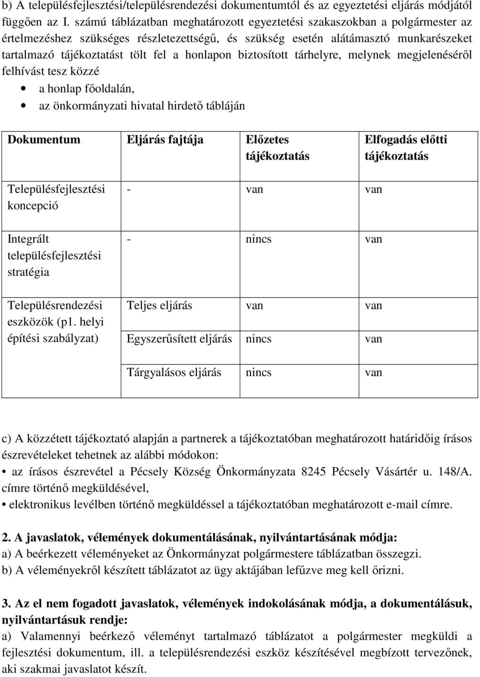 honlapon biztosított tárhelyre, melynek megjelenéséről felhívást tesz közzé a honlap főoldalán, az önkormányzati hivatal hirdető tábláján Dokumentum Eljárás fajtája Előzetes tájékoztatás Elfogadás