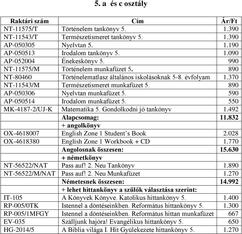 590 AP-050514 Irodalom munkafüzet 5. 550 MK-4187-2/UJ-K Matematika 5. Gondolkodni jó tankönyv 1.492 Alapcsomag: 11.832 OX-4618007 English Zone 1 Student s Book 2.