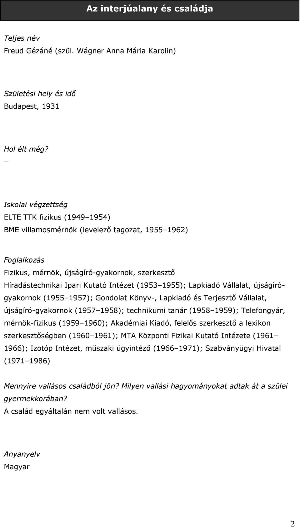 (1953 1955); Lapkiadó Vállalat, újságírógyakornok (1955 1957); Gondolat Könyv-, Lapkiadó és Terjesztő Vállalat, újságíró-gyakornok (1957 1958); technikumi tanár (1958 1959); Telefongyár,