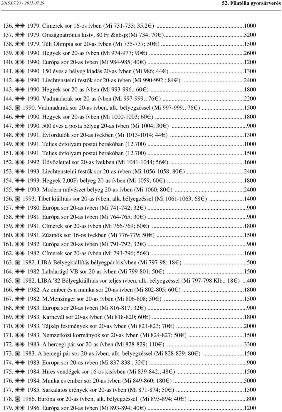 ; 84 )...2400 143. 1990. Hegyek sor 20-as ívben (Mi 993-996.; 60 )...1800 144. 1990. Vadmadarak sor 20-as ívben (Mi 997-999.; 76 )...2200 145. 1990. Vadmadarak sor 20-as ívben, alk.