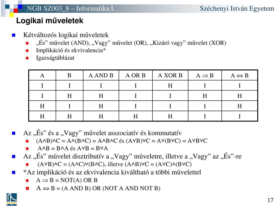 A B C és (A B) C = A (B C) = A B C A B = B A és A B = B A Az És művelet disztributív a Vagy műveletre, illetve a Vagy az És -re (A B) C = (A C) (B