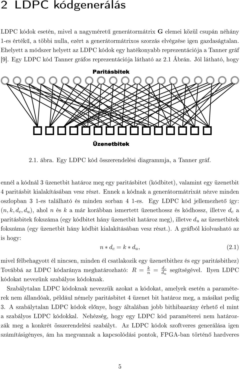 Egy LDPC kód összerendelési diagrammja, a Tanner gráf. ennél a kódnál 3 üzenetbit határoz meg egy paritásbitet (kódbitet), valamint egy üzenetbit 4 paritásbit kialakításában vesz részt.