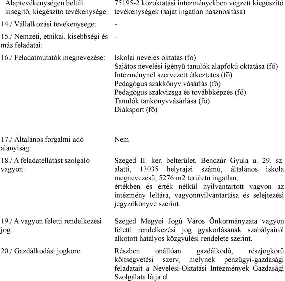 / Feladatmutatók megnevezése: Iskolai nevelés oktatás (fő) Sajátos nevelési igényű tanulók alapfokú oktatása (fő) Intézménynél szervezett étkeztetés (fő) Pedagógus szakkönyv vásárlás (fő) Pedagógus