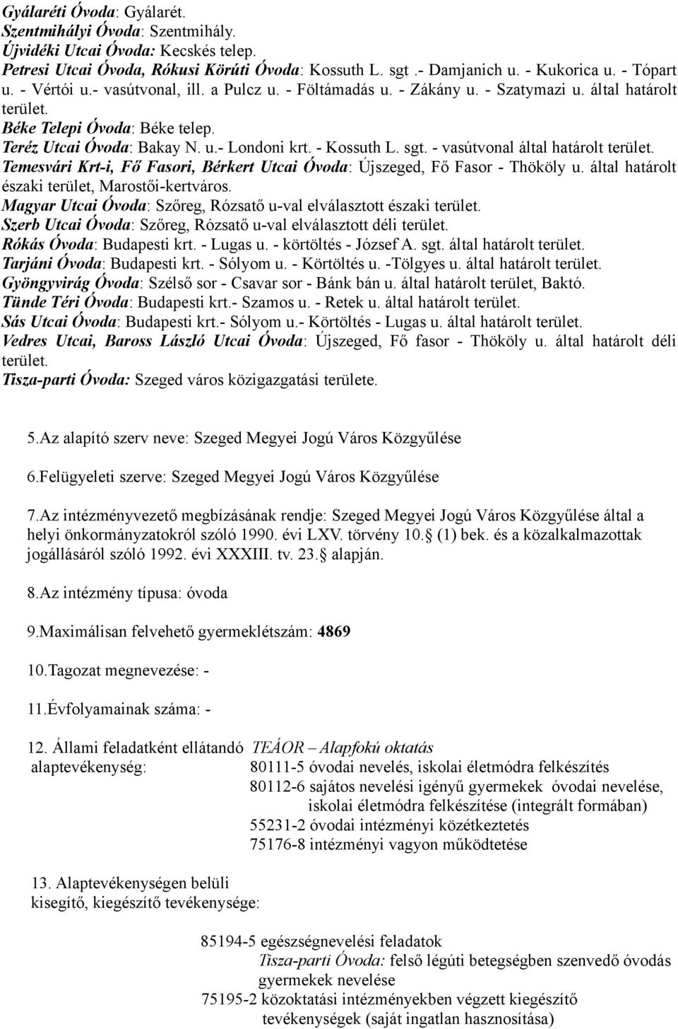 sgt. - vasútvonal által határolt terület. Temesvári Krt-i, Fő Fasori, Bérkert Utcai Óvoda: Újszeged, Fő Fasor - Thököly u. által határolt északi terület, Marostői-kertváros.