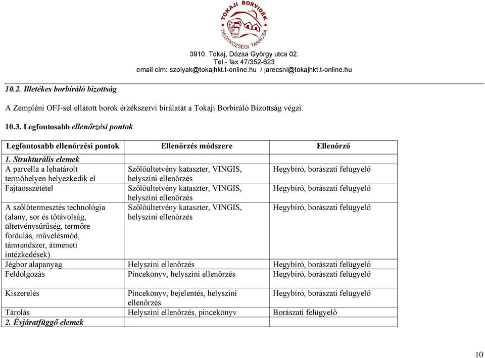 Strukturális elemek A parcella a lehatárolt termőhelyen helyezkedik el Fajtaösszetétel A szőlőtermesztés technológia (alany, sor és tőtávolság, ültetvénysűrűség, termőre fordulás, művelésmód,