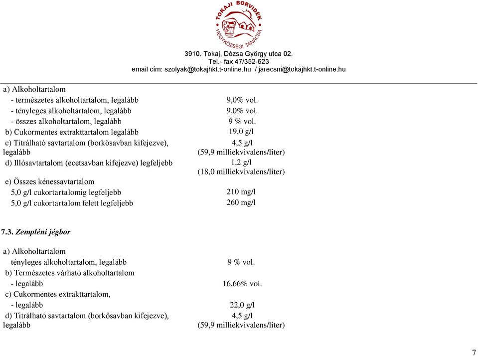 1,2 g/l (18,0 milliekvivalens/liter) e) Összes kénessavtartalom 5,0 g/l cukortartalomig legfeljebb 210 mg/l 5,0 g/l cukortartalom felett legfeljebb 260 mg/l 7.3.