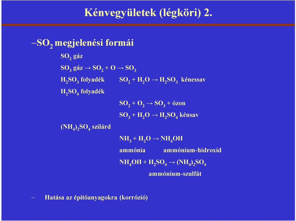 folyadék (NH 4 ) 2 SO 4 szilárd SO 2 + H 2 O H 2 SO 3 kénessav SO 2 + O 2 SO 3 + ózon SO