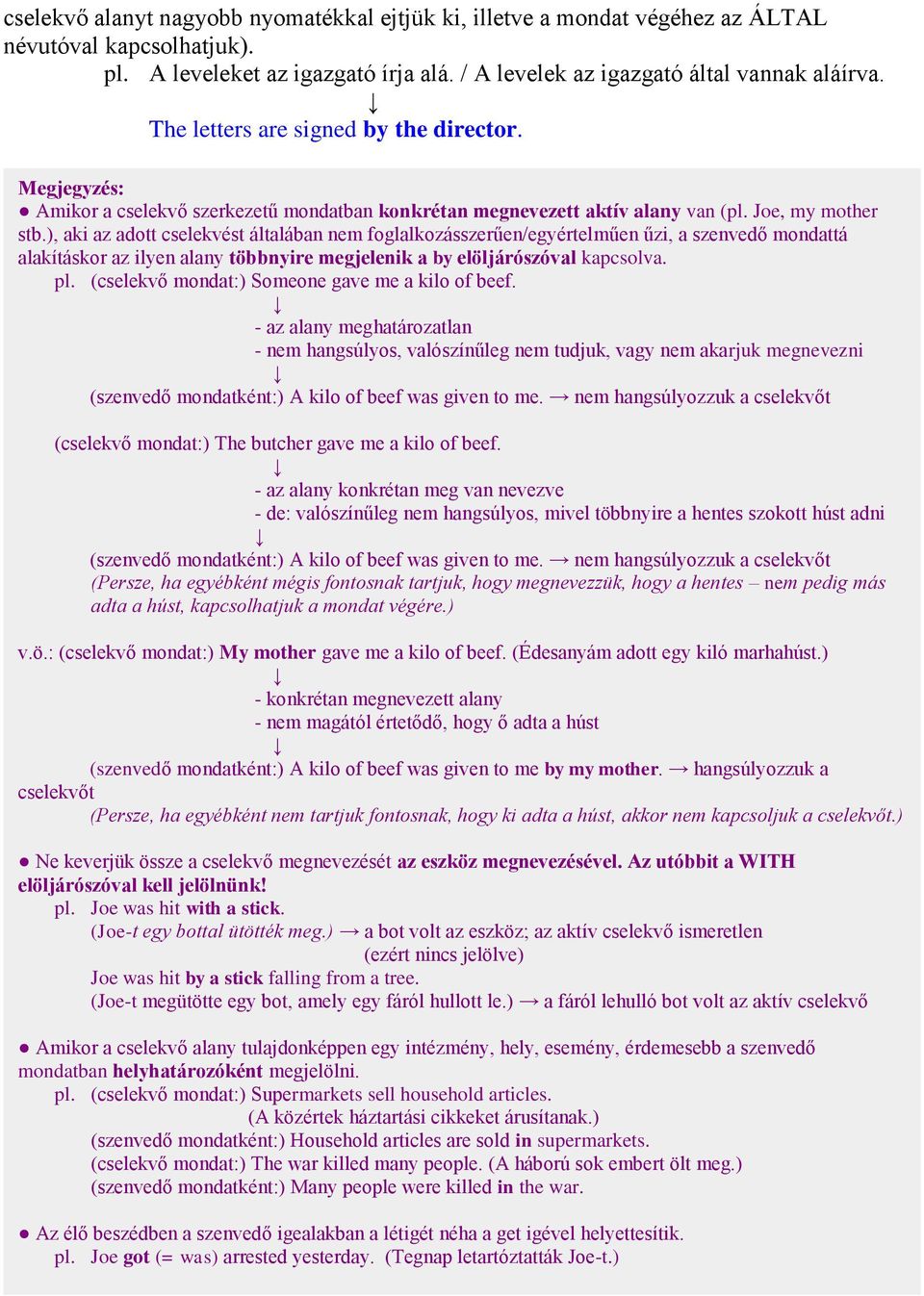 ), aki az adott cselekvést általában nem foglalkozásszerűen/egyértelműen űzi, a szenvedő mondattá alakításkor az ilyen alany többnyire megjelenik a by elöljárószóval kapcsolva. pl.