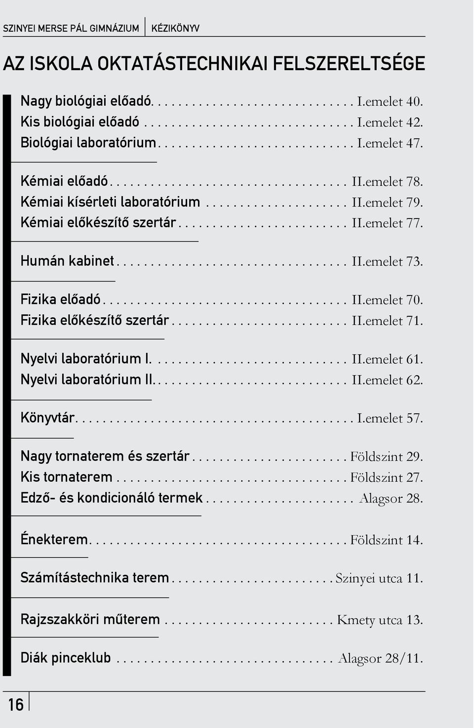 Kémiai elõkészítõ szertár......................... II.emelet 77. Humán kabinet.................................. II.emelet 73. Fizika elõadó.................................... II.emelet 70.