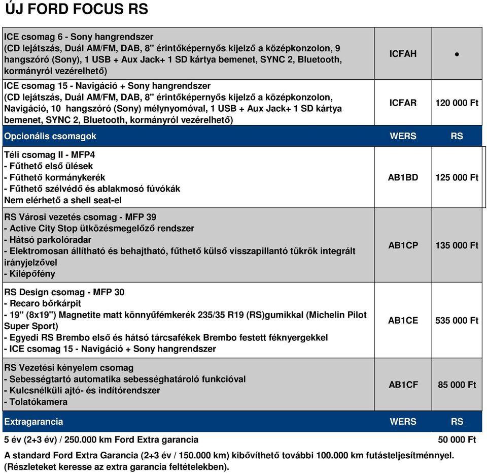 SD kártya bemenet, SYNC 2, Bluetooth, kormányról vezérelhető) ICFAH ICFAR 120 000 Ft Opcionális csomagok WERS RS Téli csomag II - MFP4 - Fűthető első ülések - Fűthető kormánykerék - Fűthető szélvédő