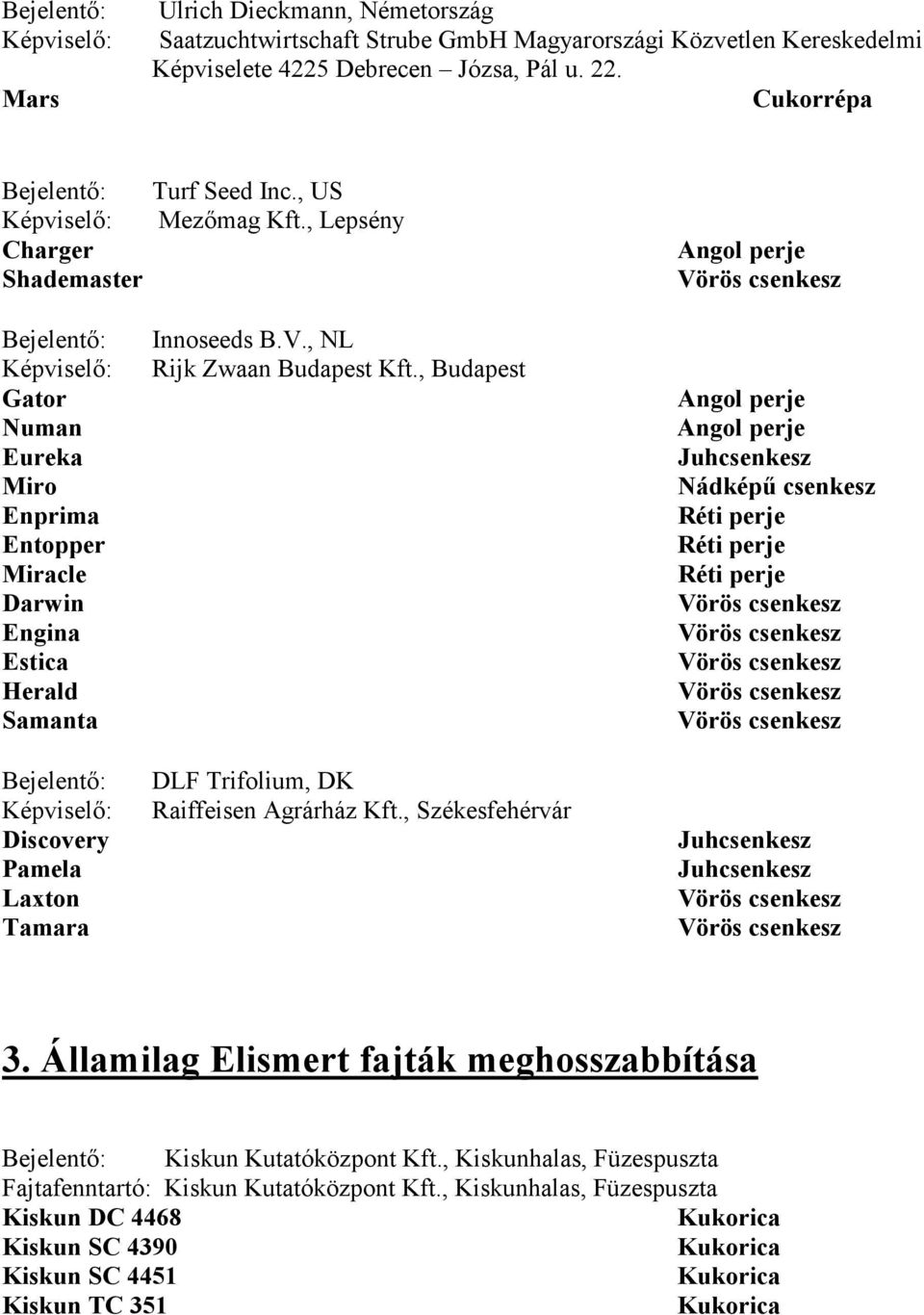 , NL Rijk Zwaan Budapest Kft., Budapest DLF Trifolium, DK Raiffeisen Agrárház Kft.