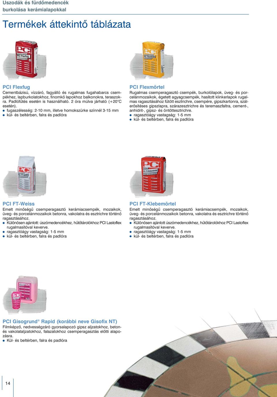 fugaszélesség: 2-10 mm, illetve homokszürke színnél 3-15 mm PCI Flexmörtel Rugalmas csemperagasztó csempék, burkolólapok, üveg- és porcelánmozaikok, égetett agyagcsempék, hasított klinkerlapok