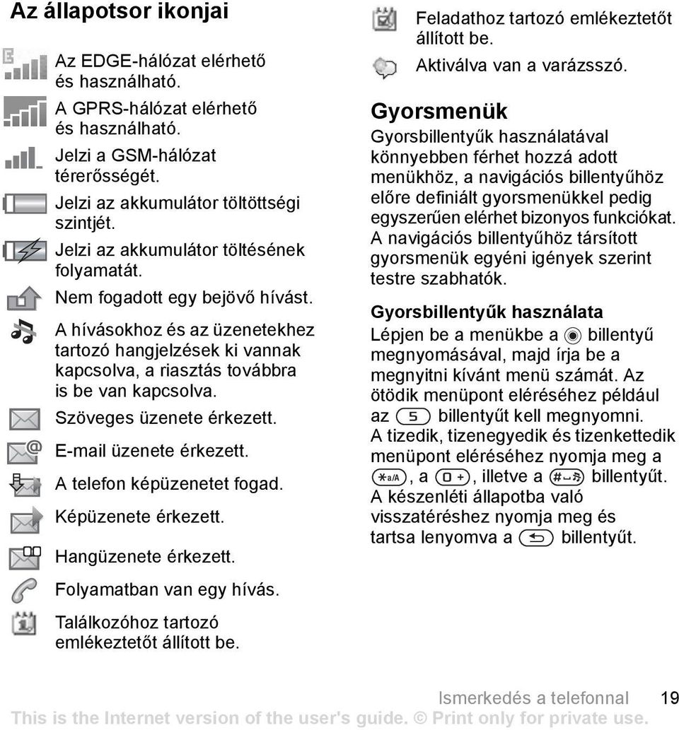 Szöveges üzenete érkezett. E-mail üzenete érkezett. A telefon képüzenetet fogad. Képüzenete érkezett. Hangüzenete érkezett. Folyamatban van egy hívás. Találkozóhoz tartozó emlékeztetőt állított be.