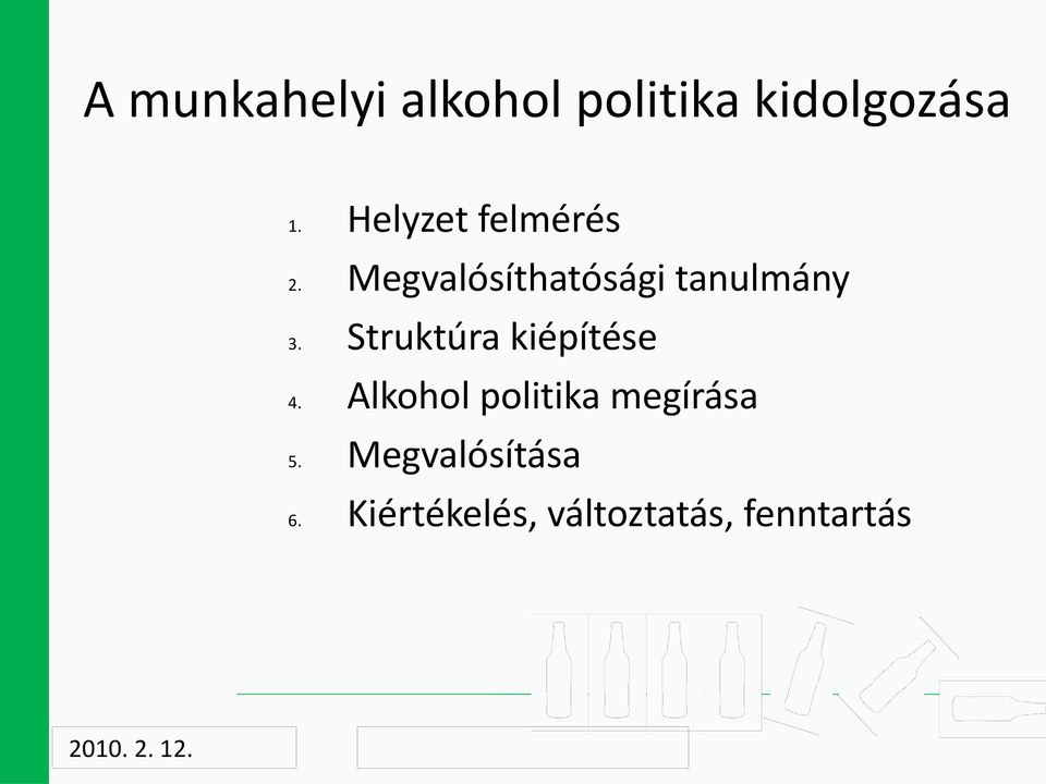 Struktúra kiépítése 4. Alkohol politika megírása 5.