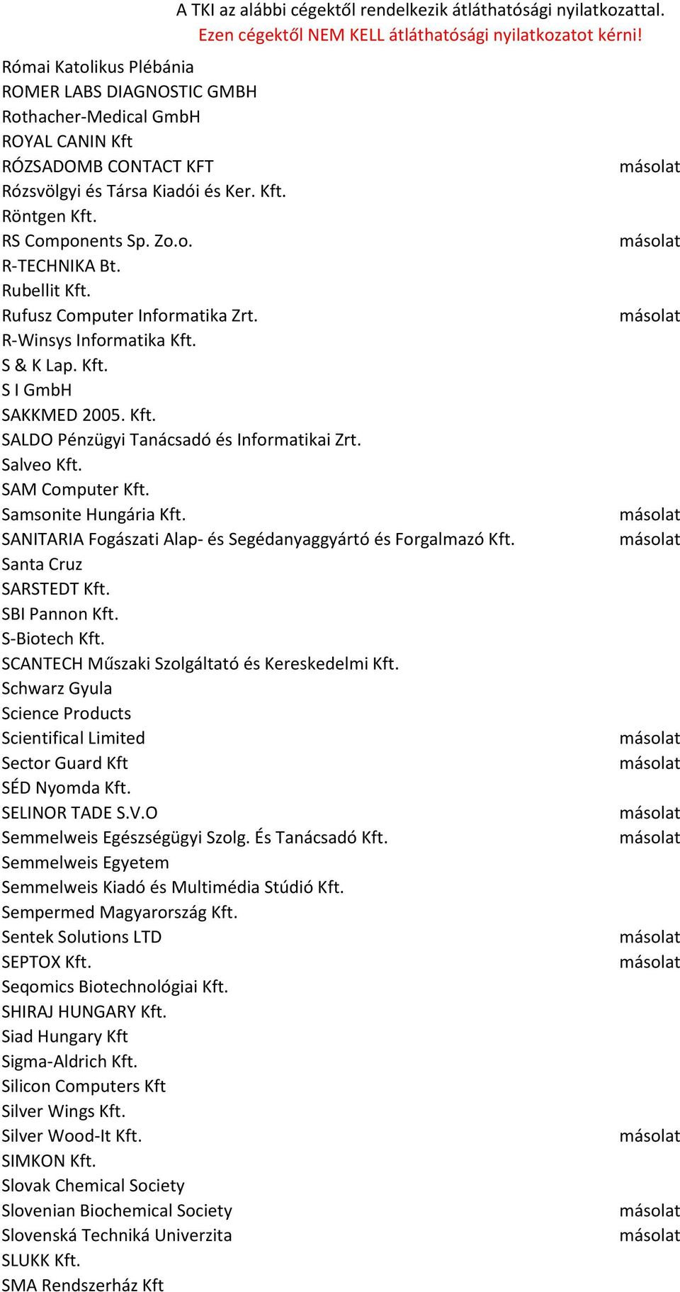 Samsonite Hungária Kft. SANITARIA Fogászati Alap- és Segédanyaggyártó és Forgalmazó Kft. Santa Cruz SARSTEDT Kft. SBI Pannon Kft. S-Biotech Kft. SCANTECH Műszaki Szolgáltató és Kereskedelmi Kft.