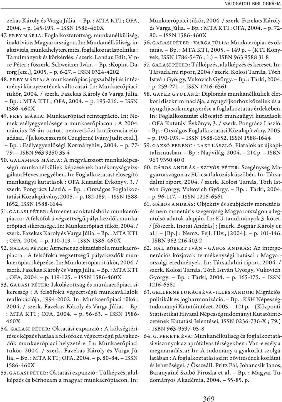 p. 6-27. ISSN 0324-4202 48. Frey Mária: A munkaerőpiac jogszabályi és intézményi környezetének változásai. In: Munkaerőpiaci tükör, 2004. / szerk. Fazekas Károly és Varga Júlia. Bp.