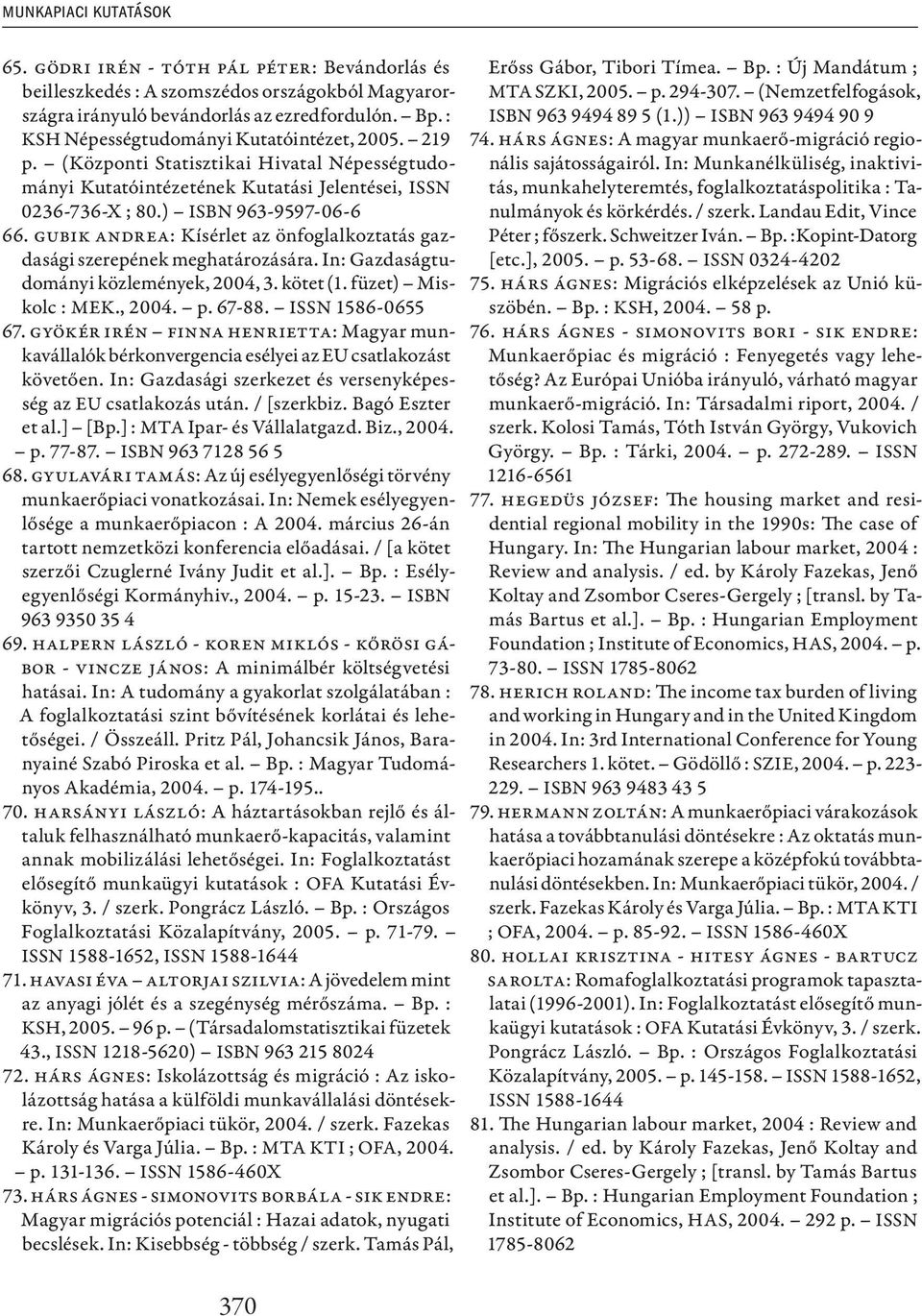 Gubik Andrea: Kísérlet az önfoglalkoztatás gazdasági szerepének meghatározására. In: Gazdaságtudományi közlemények, 2004, 3. kötet (1. füzet) Miskolc : MEK., 2004. p. 67-88. ISSN 1586-0655 67.