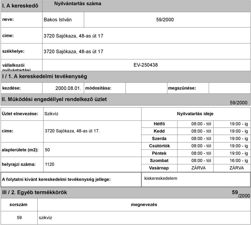 Mûködési engedéllyel rendelkezõ üzlet 59/2000 Üzlet elnevezése: Szikvíz Nyitvatartás ideje címe: 3720 Sajókaza, 48-as út 17.