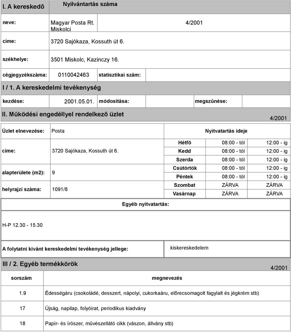 Mûködési engedéllyel rendelkezõ üzlet 4/2001 Üzlet elnevezése: Posta Nyitvatartás ideje címe: 3720 Sajókaza, Kossuth út 6.