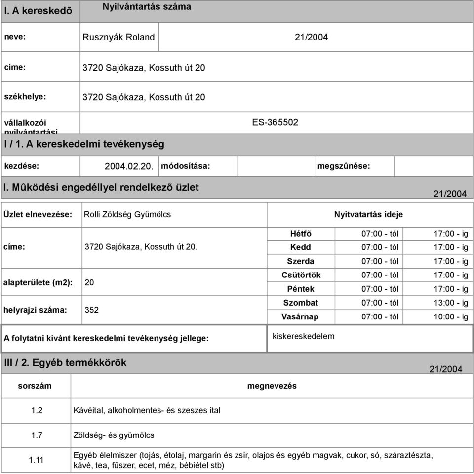 alapterülete (m2): 20 helyrajzi száma: 352 Hétfõ 07:00 - tól 17:00 - ig Kedd 07:00 - tól 17:00 - ig Szerda 07:00 - tól 17:00 - ig Csütörtök 07:00 - tól 17:00 - ig Péntek 07:00 - tól 17:00 - ig