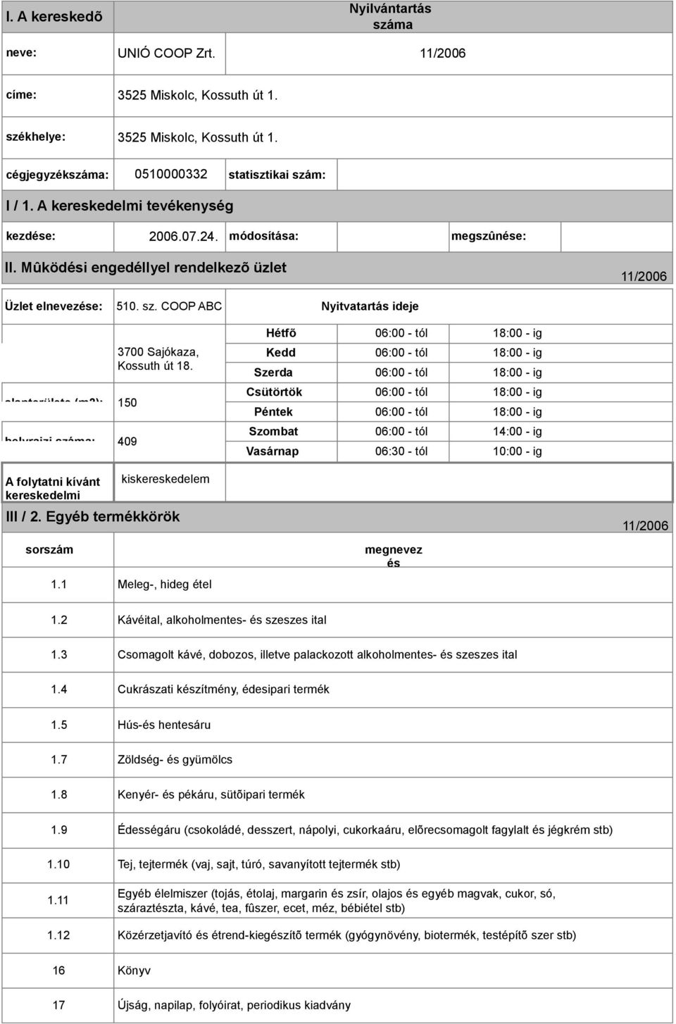 COOP ABC Nyitvatartás ideje alapterülete (m2): 15