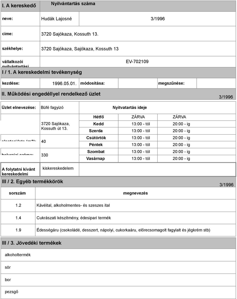 Működési engedéllyel rendelkező üzlet 3/1996 Üzlet elnevezése: Büfé fagyizó Nyitvatartás ideje alapterülete (m2): 40 helyrajzi száma: 330 A folytatni kívánt kereskedelmi 3720 Sajókaza, Kossuth út 13.