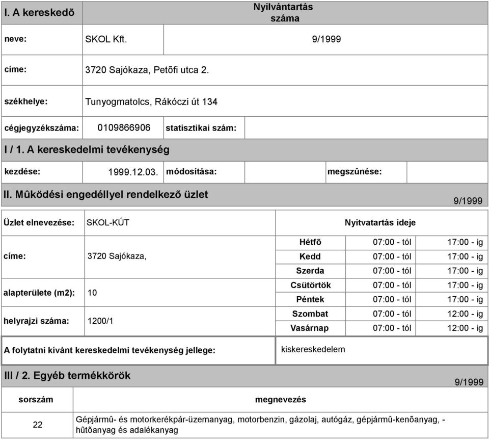 Mûködési engedéllyel rendelkezõ üzlet 9/1999 Üzlet elnevezése: SKOL-KÚT Nyitvatartás ideje címe: 3720 Sajókaza, alapterülete (m2): 10 helyrajzi száma: 1200/1 Hétfõ 07:00 - tól 17:00