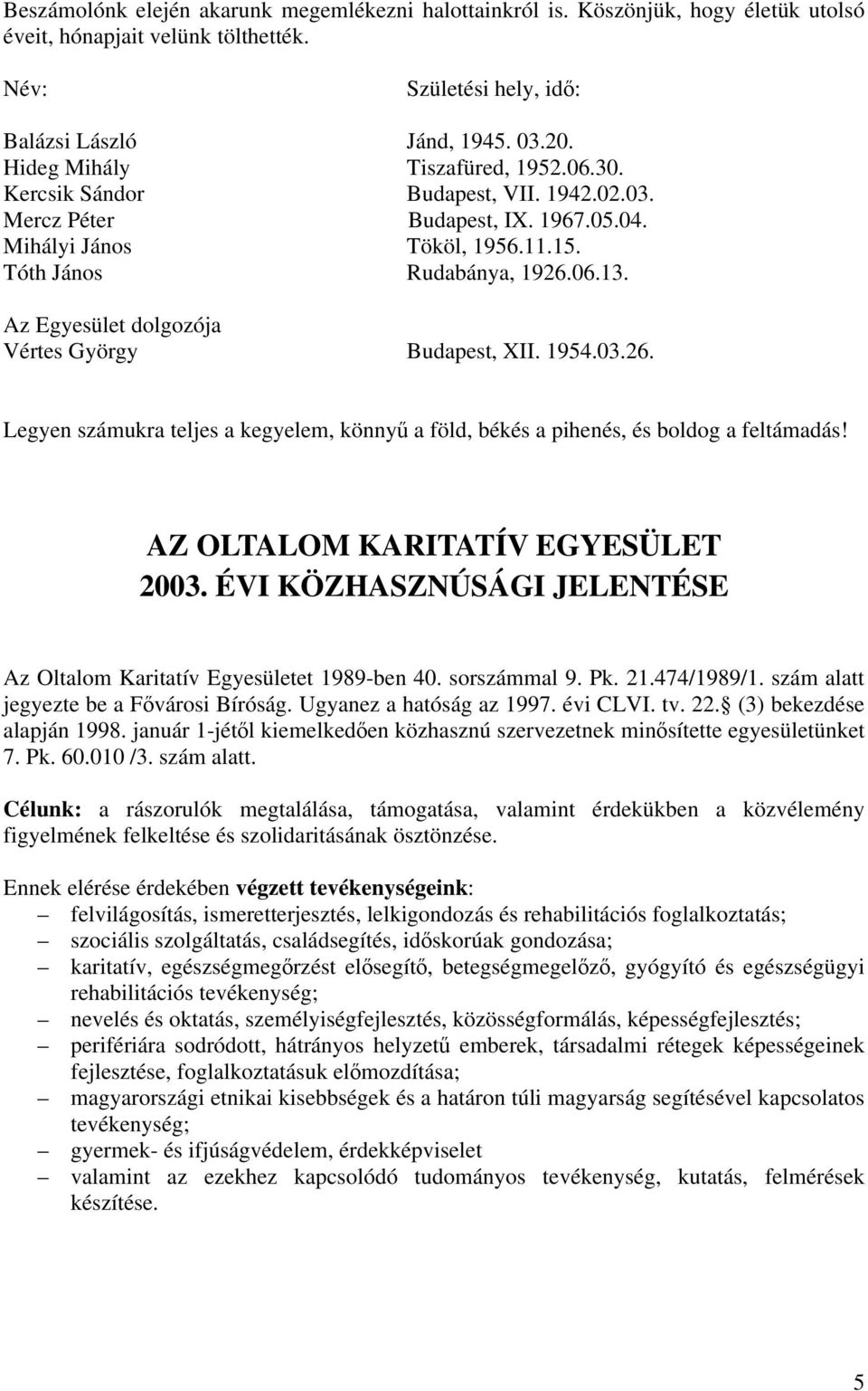 Az Egyesület dolgozója Vértes György Budapest, XII. 1954.03.26. Legyen számukra teljes a kegyelem, könnyű a föld, békés a pihenés, és boldog a feltámadás! AZ OLTALOM KARITATÍV EGYESÜLET 2003.
